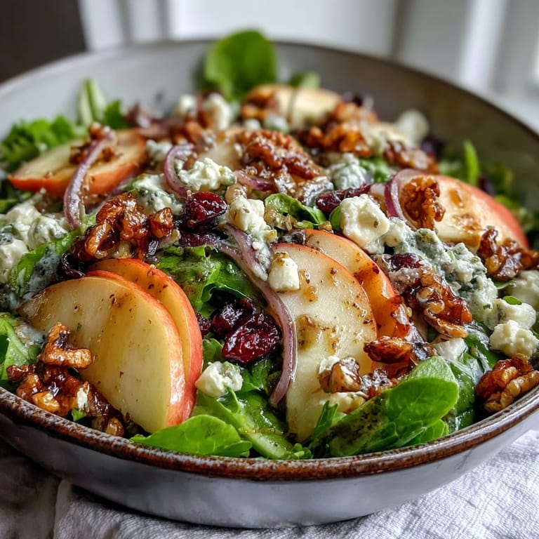 A close-up of Mixed Greens and Apple Bowl featuring vibrant greens, sliced apples, and crumbled feta, served in a rustic ceramic bowl.  