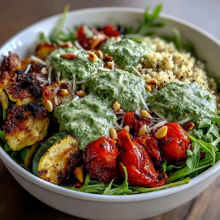 Arugula pesto bowl with charred tomatoes, zucchini, and bell peppers, topped with shaved Parmesan and pine nuts.