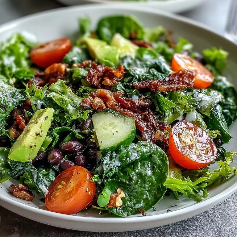 Close-up of a Mixed Greens Power Bowl featuring colorful veggies, chickpeas, and toasted walnuts, ready to drizzle with tangy lemon dressing.
