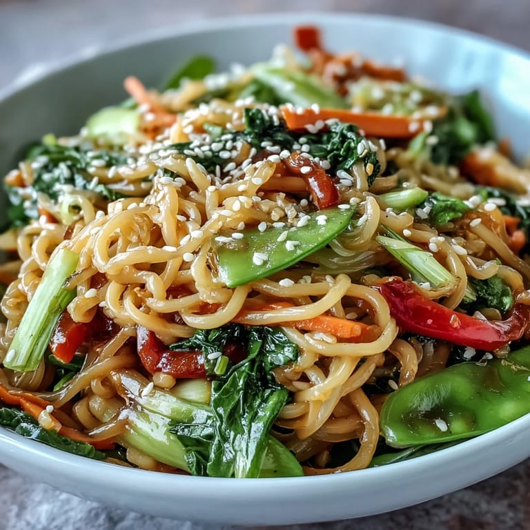 Overhead view of a healthy, low-carb Shirataki Noodle Bowl topped with toasted sesame seeds and fresh green herbs, ready to be served.