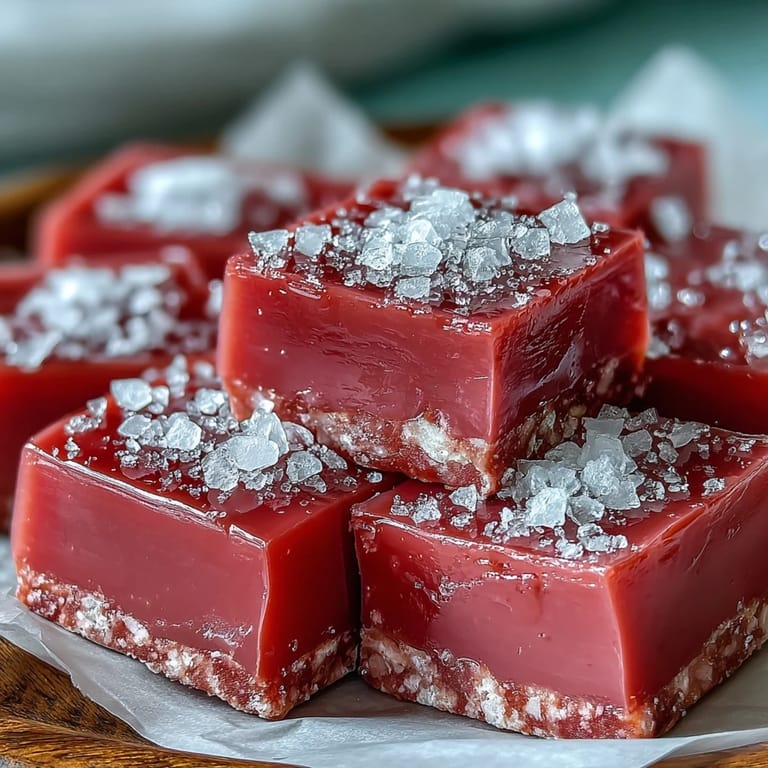 Homemade guava cheese fudge squares are arranged neatly on a white plate with visible buttery texture and a soft sheen. The tropical Indian sweet treat looks delicious.