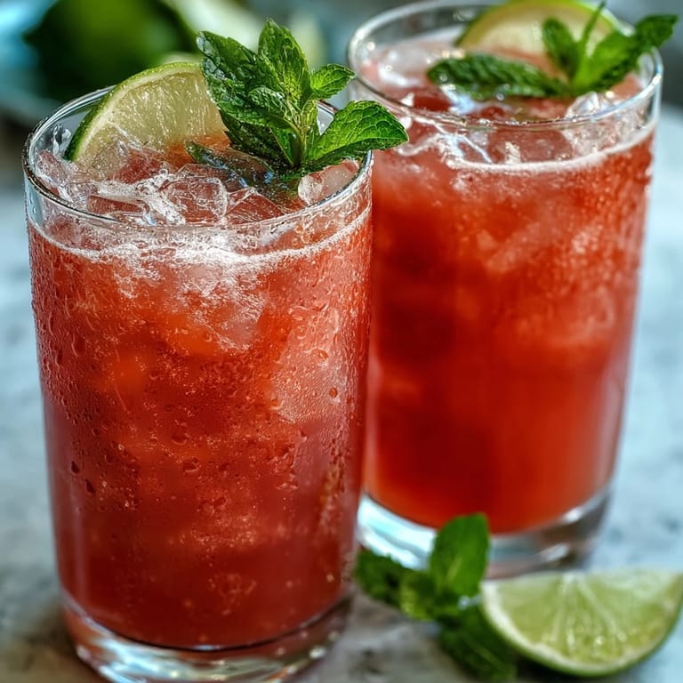 A refreshing Guava Juice With Sparkling Water garnished with mint leaves, bubbling over ice in a clear glass.