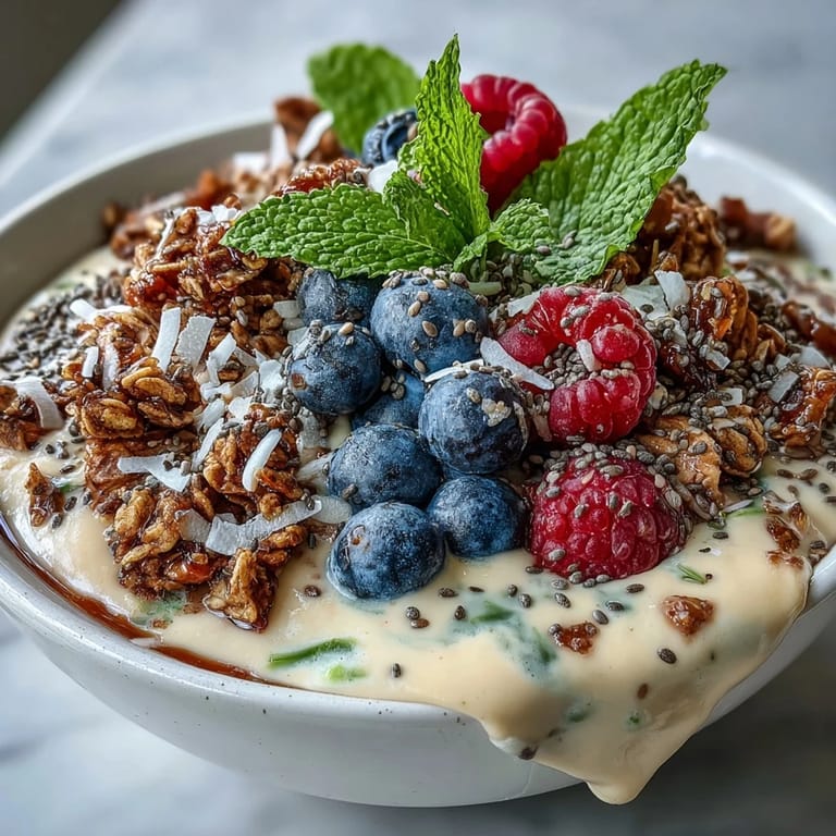 Colorful guava and mango smoothie bowl topped with coconut flakes and mint garnish.