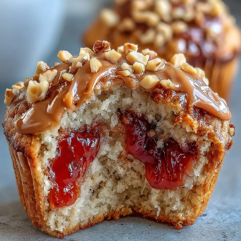 A close-up of a bakery-style Peanut Butter and Guava Muffin showing a purple guava swirl inside.