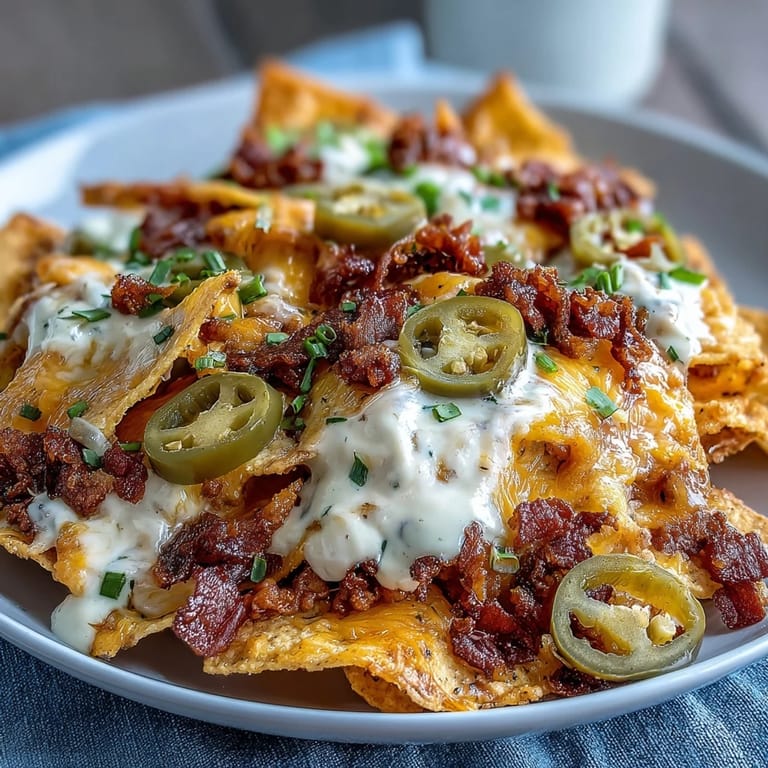 Hearty loaded nachos topped with seasoned ground beef, creamy cheese sauce, and spicy jalapeños—crowd-pleasing appetizer.  