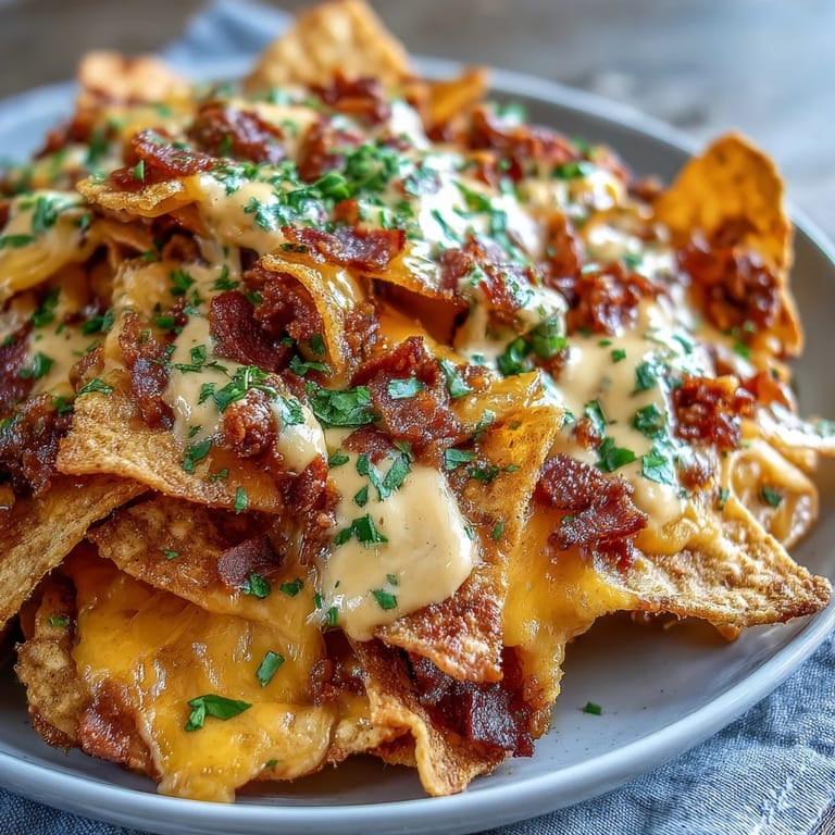 Baked nachos featuring juicy beef, tangy jalapeños, and rich cheese sauce, garnished with fresh toppings for a festive dish.