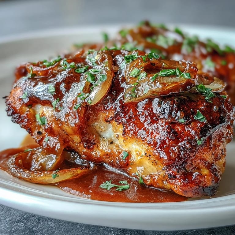 2. Close-up of Soul Food Smothered Chicken with Onion Gravy, tender meat glistening under a thick, caramelized onion sauce.