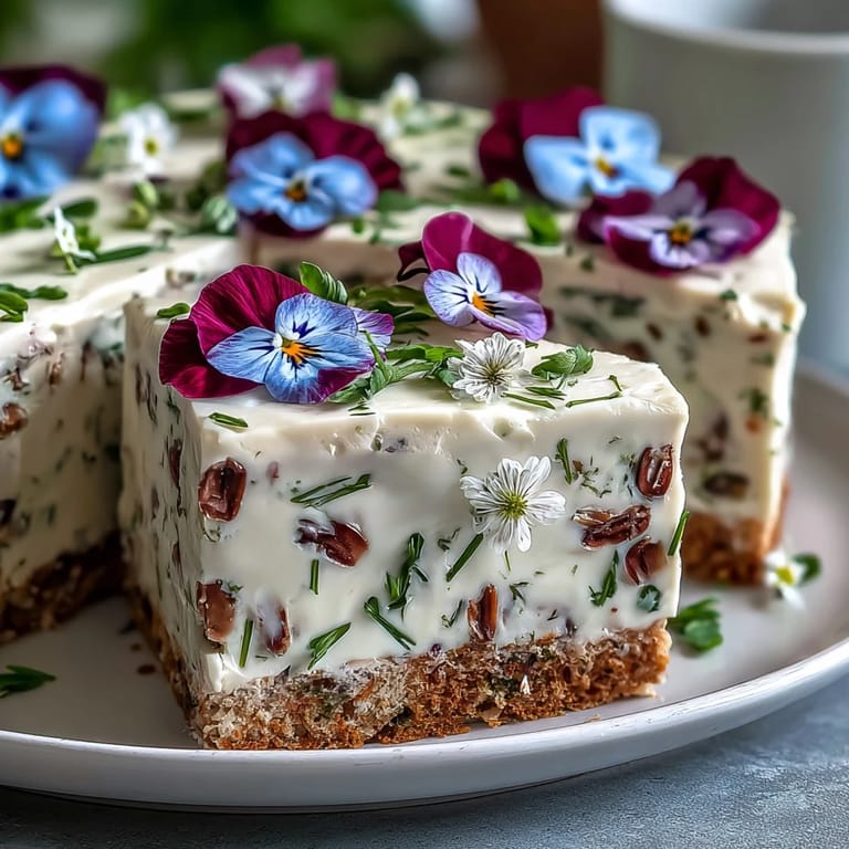 Spring Cake with Pressed Edible Flowers: Light and airy vanilla cake layered with whipped cream and adorned with pressed edible flowers for a beautiful dessert.  