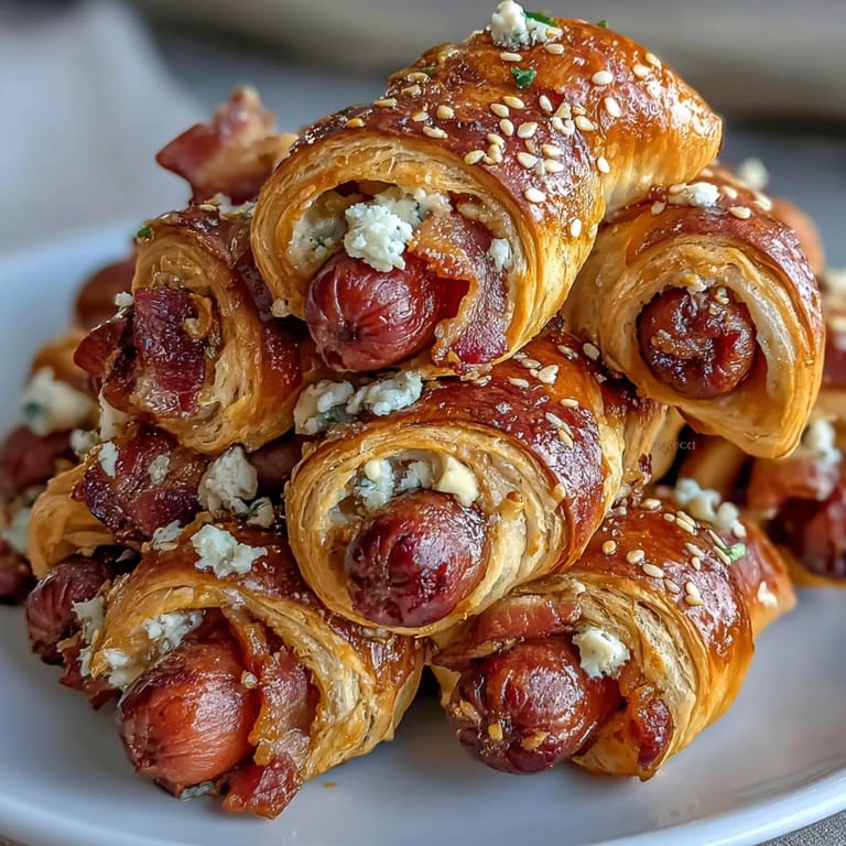 Bite-sized hot dogs wrapped in flaky crescent dough, brushed with egg wash for a shiny golden finish.