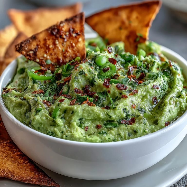 Protein-packed edamame guacamole with smooth avocado, served alongside crunchy, spiced pita chips.