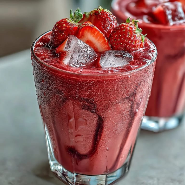 Iced pink drink featuring juicy strawberry slices, açaí puree, and smooth coconut milk for a fruity and creamy treat.