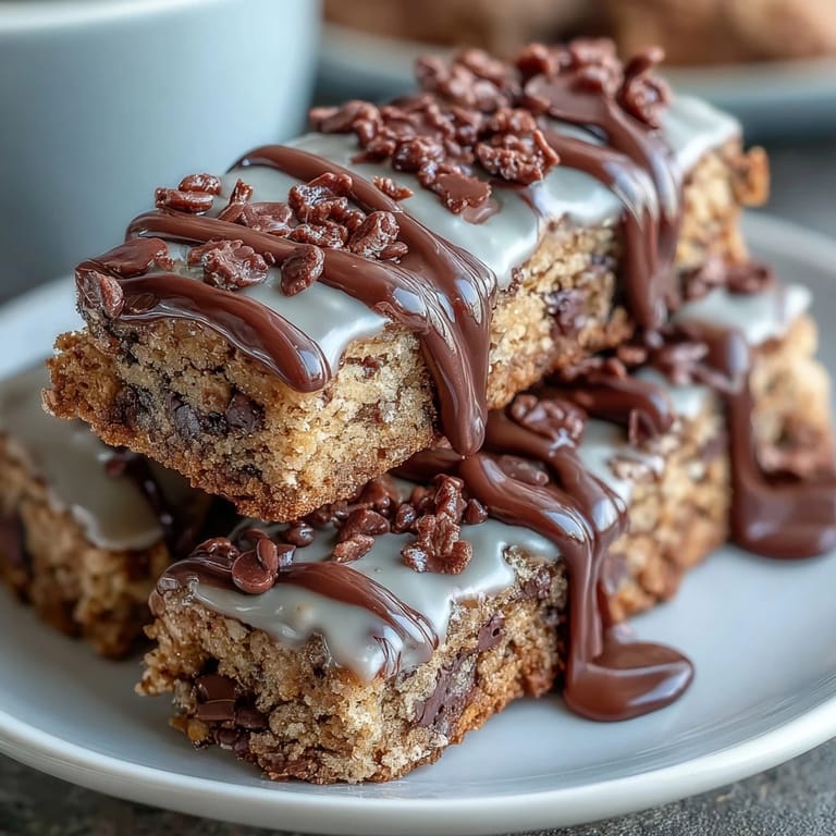 3. Festive dessert bars loaded with chocolate chips and candy colors, finished with a glossy white chocolate drizzle for any celebration.