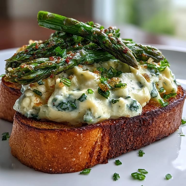 Crisp asparagus spears and softly scrambled eggs on toasted sourdough, garnished with chives and lemon zest.