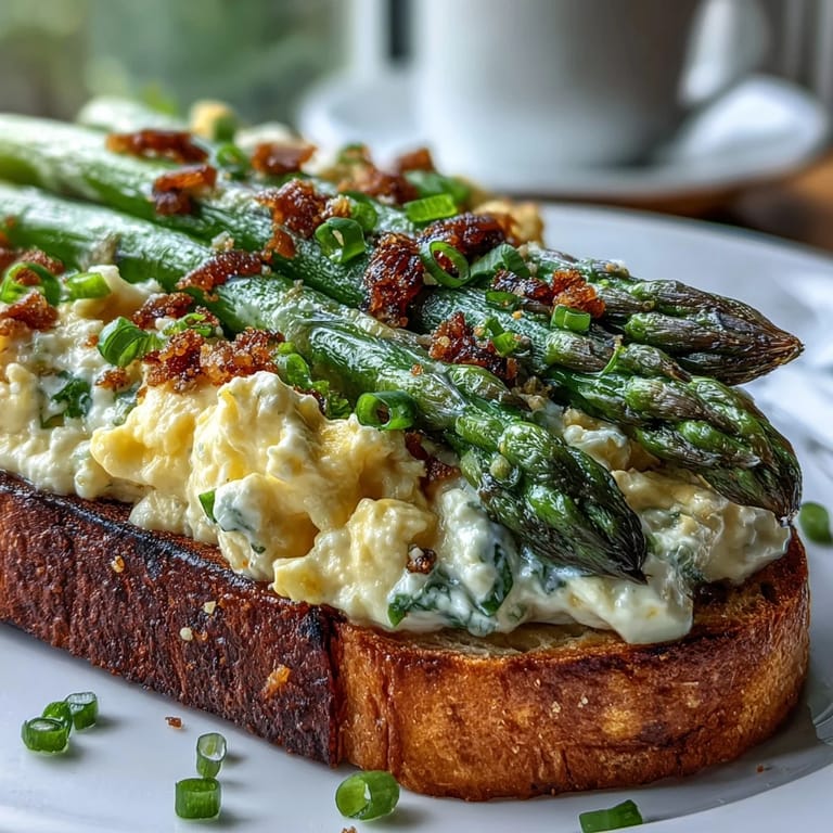 Tender asparagus and velvety eggs on golden bread, a bright and satisfying open-faced sandwich for lunch.