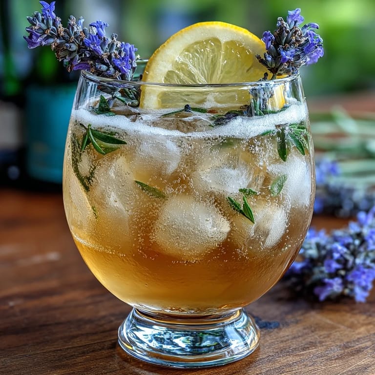 Vibrant lavender lemonade cocktail topped with prosecco, served over ice with fresh lemon and lavender for a floral twist.