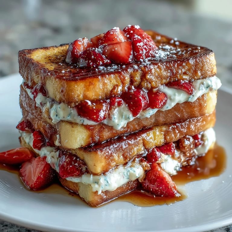 Layered slices of brioche soaked in creamy vanilla custard, studded with ripe strawberries, and baked to create a luscious spring brunch centerpiece.