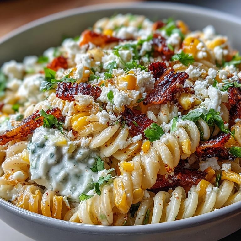 Creamy Mexican-inspired Elote Pasta Salad with Cotija, chili, and lime, featuring colorful cherry tomatoes, red onion, and fresh cilantro.