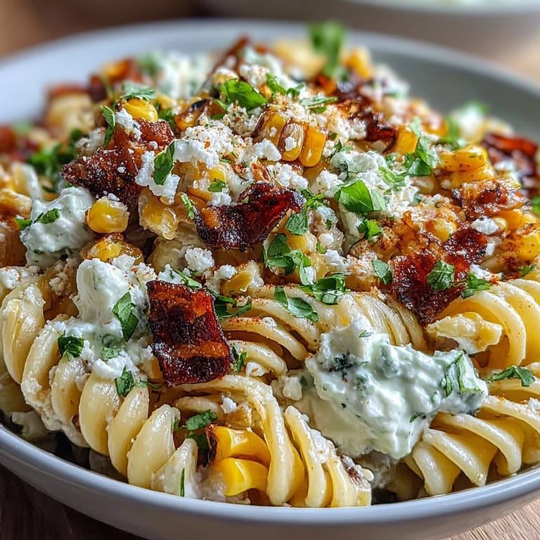 Flavorful Elote Pasta Salad with Cotija, chili, and lime, served chilled with a sprinkle of Tajín and fresh lime wedges for garnish.