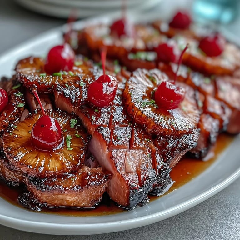 Succulent ham baked with honey glaze, studded with pineapple slices and cherries for a festive holiday centerpiece.
