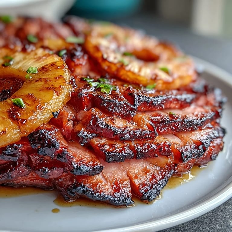 Aromatic honey glazed ham topped with caramelized pineapple and maraschino cherries, perfect for Easter or Christmas dinner.