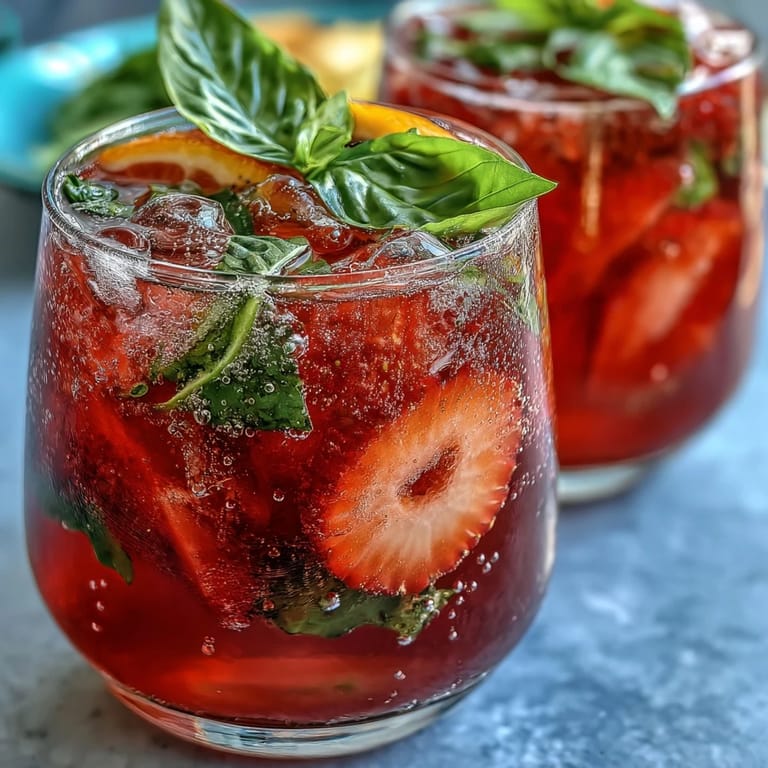 Chilled glasses filled with Strawberry Basil Sangria Mocktail, garnished with basil and strawberry slices, ideal for festive gatherings.