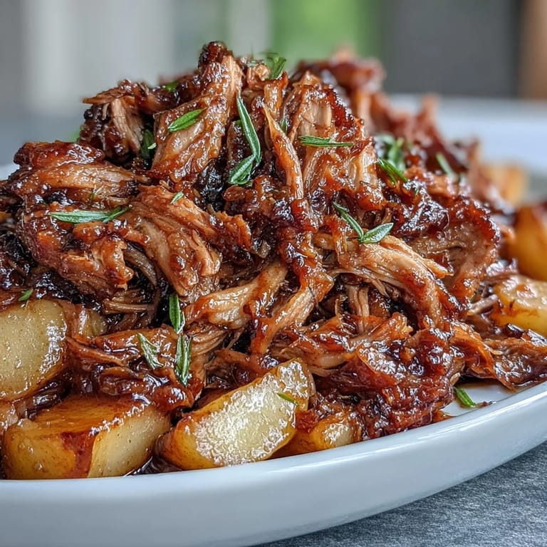 Tender Honey Peach BBQ Pulled Pork, slow-cooked with peaches and BBQ sauce, perfect for sandwiches or rice bowls.