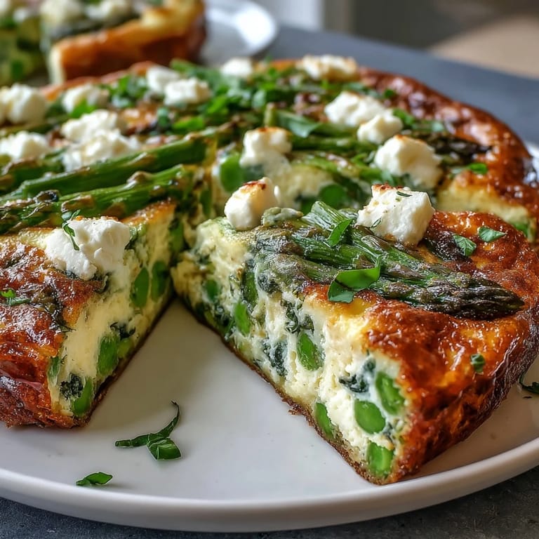 Spring Frittata with Asparagus, Peas and Goat Cheese: vibrant, oven-baked skillet meal featuring fresh asparagus, sweet peas, and tangy goat cheese, perfect for brunch.