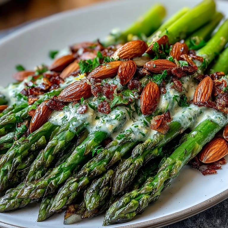 Bright lemon butter sauce coats tender asparagus, topped with golden almonds for a fresh, elegant vegetable plate.