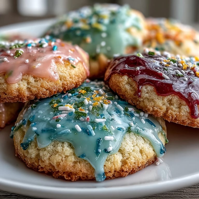 Delicate lemon-flavored cookies topped with swirled pastel glaze, ideal for celebrating the arrival of spring.