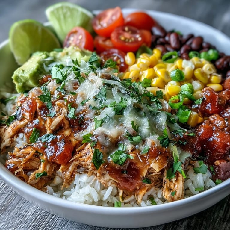 Spicy salsa chicken bowls featuring juicy shredded chicken in bold salsa sauce, served with rice, black beans, and melty cheese.