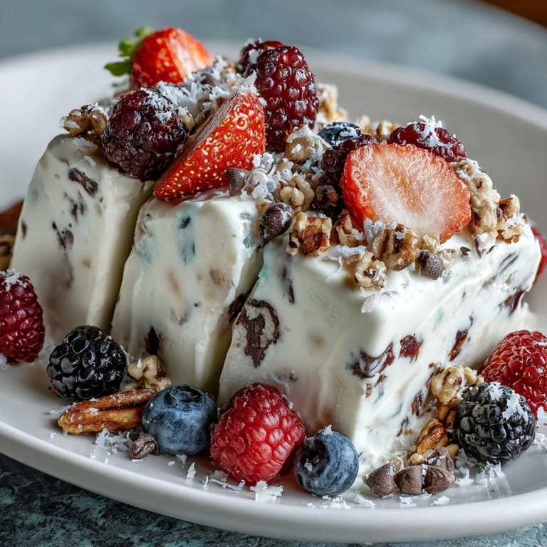 Creamy Greek yogurt topped with fresh berries and crunchy granola, frozen into a refreshing, easy-to-make dessert.
