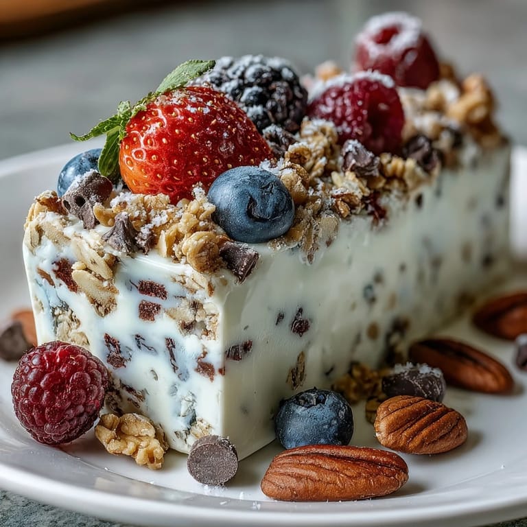 Colorful frozen yogurt bark layered with juicy berries and crisp granola, an irresistible no-bake snack for hot days.