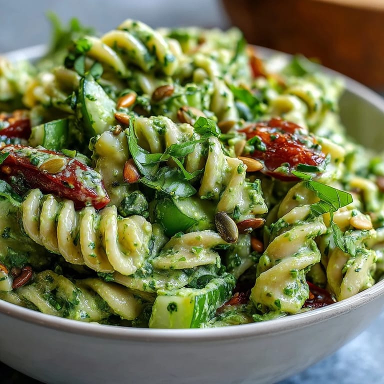 Garden-fresh Green Goddess Pasta Salad with colorful vegetables, ideal for summer picnics.