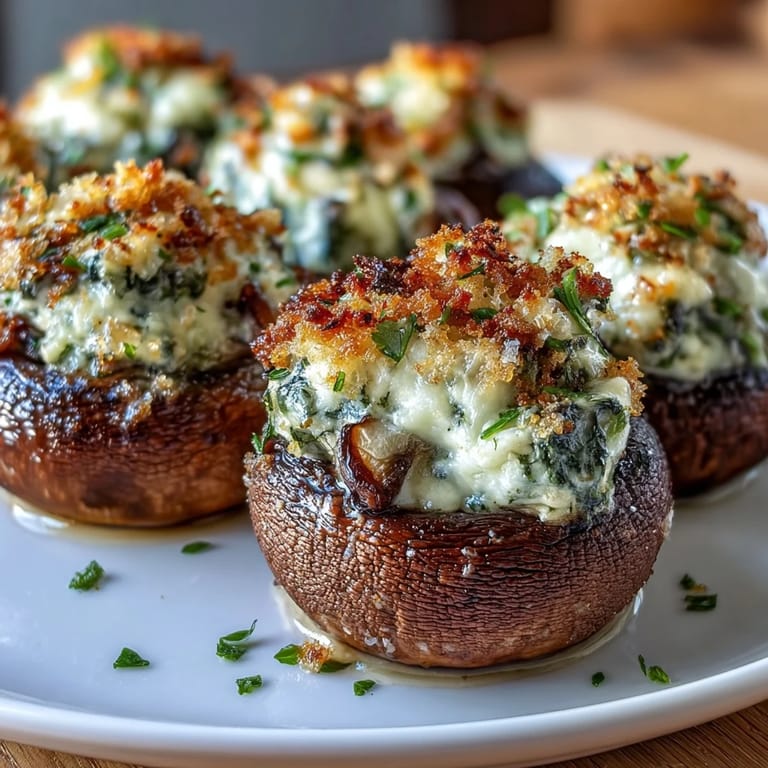 Savory spinach ricotta stuffed mushrooms, perfectly golden and ready to serve.