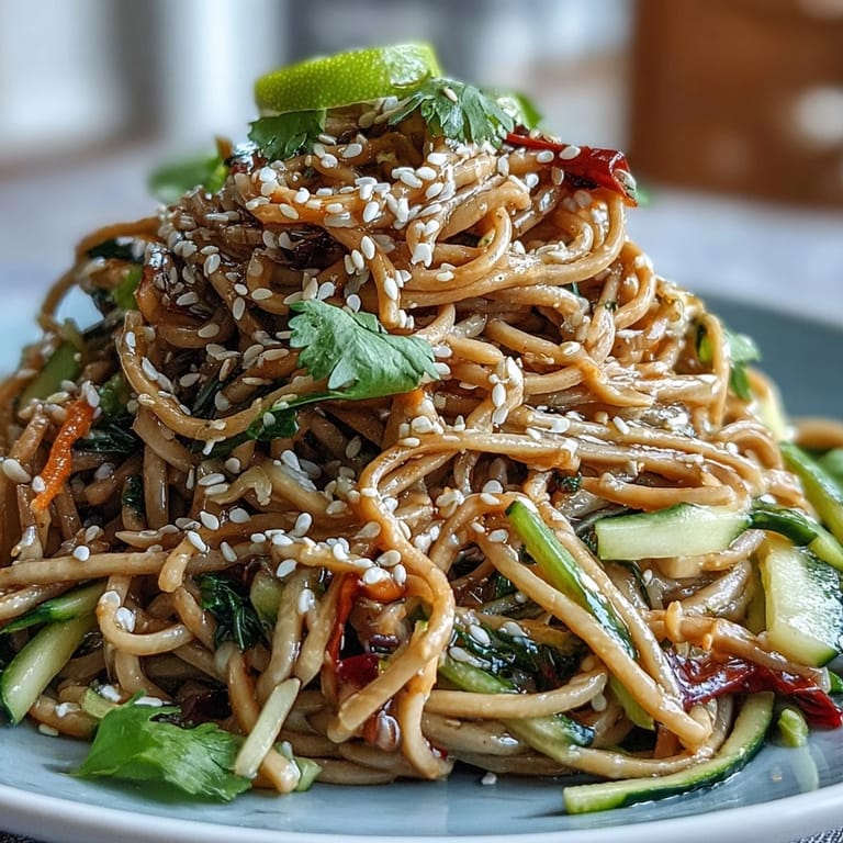 Light and zesty cold soba noodle salad with sesame ginger dressing, perfect for a healthy summer meal or side dish.