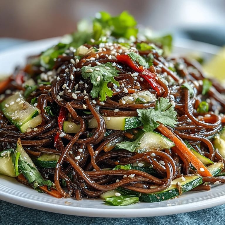 Refreshing sesame ginger soba noodle salad featuring chilled buckwheat noodles, crunchy vegetables, and toasted sesame garnish.