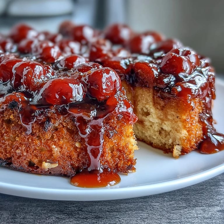 Luscious Cherry Almond Upside-Down Cake with vibrant cherries and a hint of almond, served warm with whipped cream.