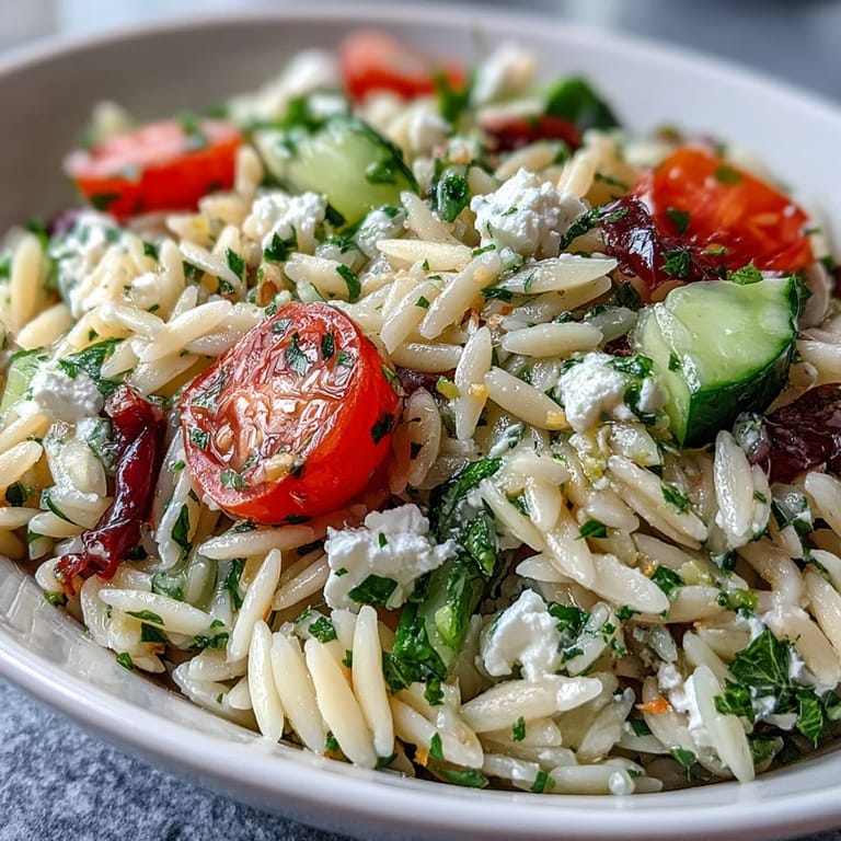 Fresh orzo pasta tossed with crisp cucumber, creamy feta, and a zesty lemon dressing in a vibrant summer salad.  