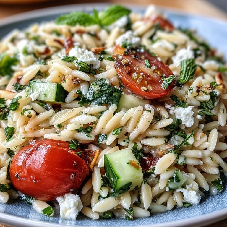 Mediterranean orzo salad with diced cucumber, crumbled feta, and bright lemon dressing, ideal for picnics or healthy lunches.