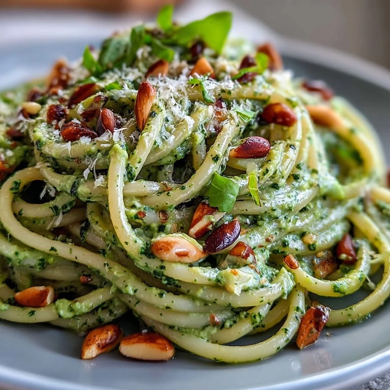 Vibrant green avocado pesto coats al dente pasta, garnished with basil and lemon zest for freshness.  