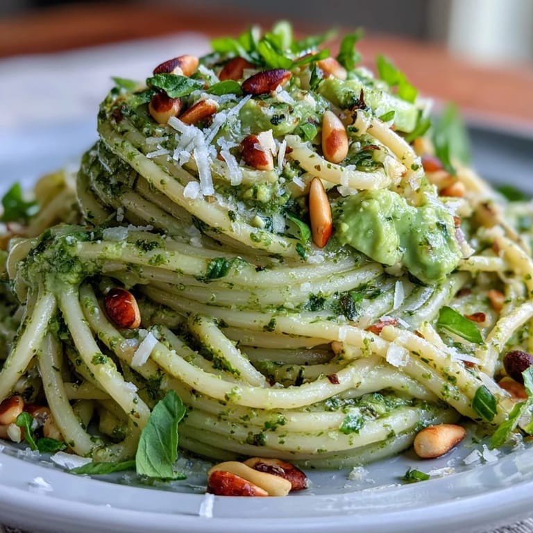 No-cook creamy avocado and basil pesto pasta, topped with Parmesan and served with a side salad.