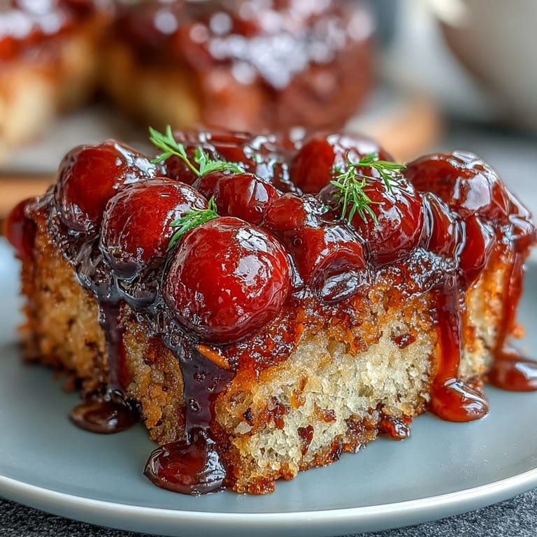 Moist Cherry Almond Upside-Down Cake with a golden caramelized topping, perfect for dessert or afternoon tea.  