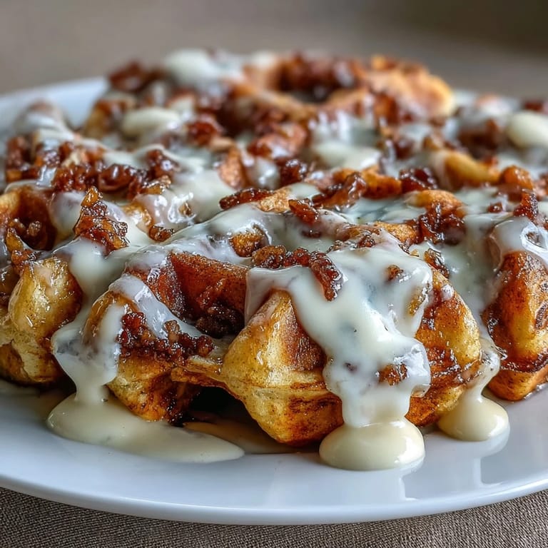 Fluffy Cinnamon Roll Waffles featuring a warm, swirled spiced center and sweet glaze.