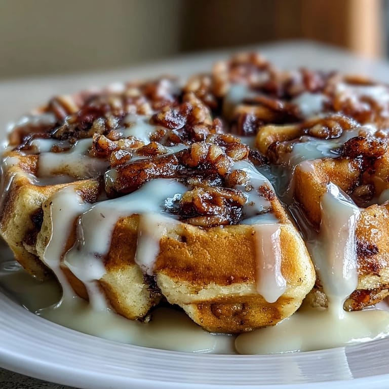 Decadent Cinnamon Roll Waffles ready to be devoured with rich, smooth cream cheese frosting.