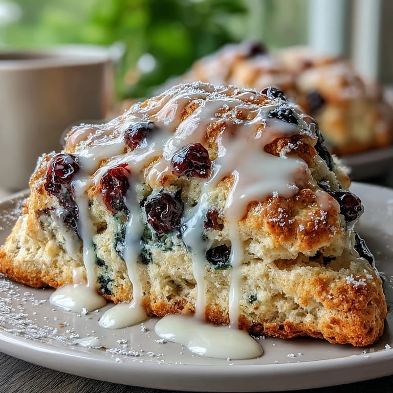 Bright Lemon Blueberry Scones, piled high with juicy, bursting blueberries.