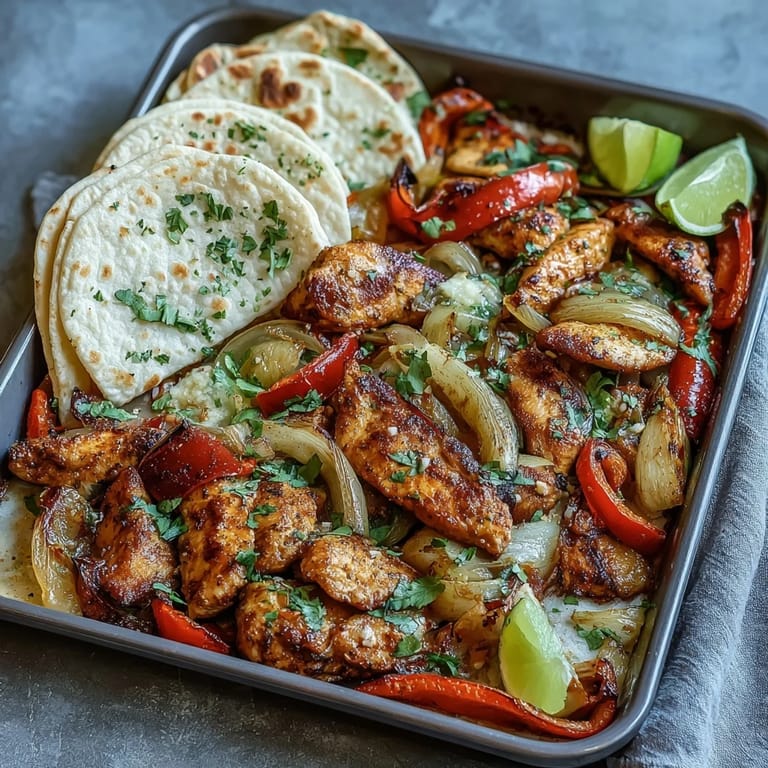 Colorful chicken fajitas with sizzling peppers and onions, ready for warm tortillas.