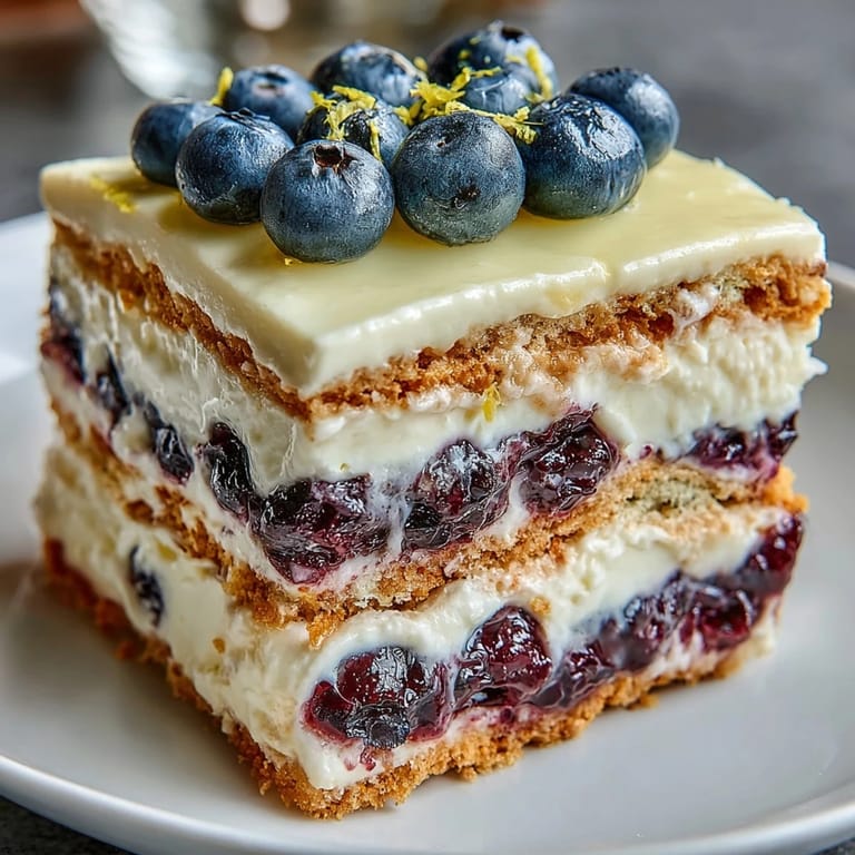 Refreshing no-bake Lemon Blueberry Icebox Cake ready to chill for dessert.
