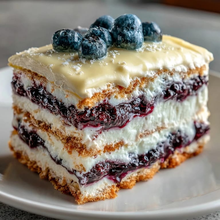 Sliced Lemon Blueberry Icebox Cake studded with bright, juicy blueberries.