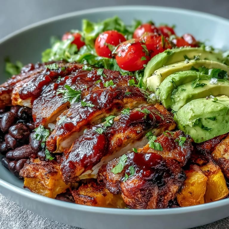 Hearty BBQ chicken meal prep bowls showcasing colorful veggies and tender sweet potato.