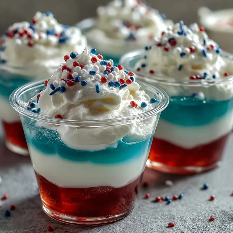 Vibrant alcohol-free Firecracker Jello Shots, glistening patriotic layers perfect for a summer party.